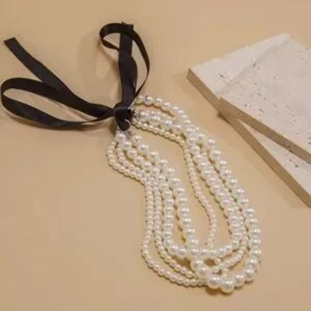 Vintage Classic White Pearl Multi Strand Black Ribbon Necklace